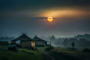 de zon stijgt over- een hut in de midden- van een veld. ai-gegenereerd foto