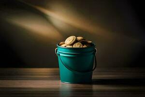 een emmer van koekjes Aan een houten tafel. ai-gegenereerd foto