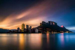 de stad horizon Bij nacht met bergen in de achtergrond. ai-gegenereerd foto