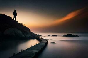 een Mens staat Aan een houten pier op zoek uit over- de oceaan. ai-gegenereerd foto