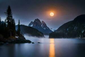 foto behang de lucht, bergen, meer, maan, mist, de bergen, de maan,. ai-gegenereerd