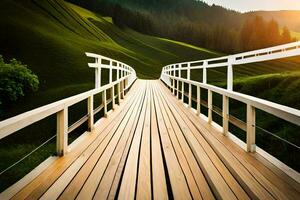 een houten brug over- een groen veld. ai-gegenereerd foto