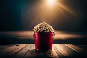 popcorn in een rood emmer Aan een houten tafel. ai-gegenereerd foto