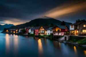 foto behang de lucht, bergen, meer, huizen, de donker, de meer, de bergen. ai-gegenereerd