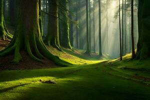 een Woud met zonnestralen schijnend door de bomen. ai-gegenereerd foto