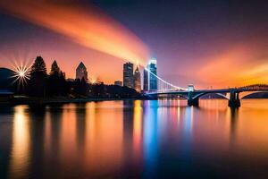 de stad horizon Bij nacht met een brug over- water. ai-gegenereerd foto