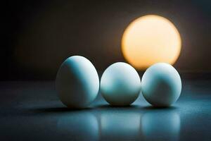 drie eieren zijn zittend Aan een tafel in voorkant van een licht. ai-gegenereerd foto