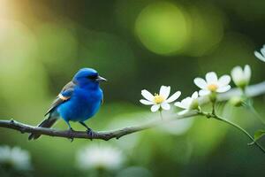 een blauw vogel zit Aan een Afdeling met wit bloemen. ai-gegenereerd foto