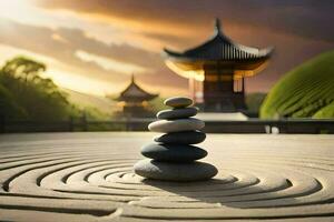 een steen labyrint in voorkant van een pagode. ai-gegenereerd foto