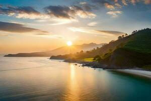 de zon sets over- een strand en bergen. ai-gegenereerd foto