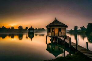 een klein huis Aan een dok Bij zonsopkomst. ai-gegenereerd foto