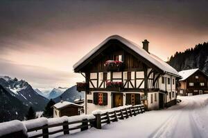 een huis in de bergen met sneeuw Aan de grond. ai-gegenereerd foto