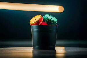 een zwart kop met kleurrijk cups in het. ai-gegenereerd foto