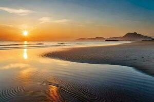 de zon is instelling over- een strand met golven. ai-gegenereerd foto