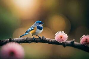 een blauw en wit vogel zit Aan een Afdeling met roze bloemen. ai-gegenereerd foto