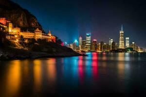 de stad lichten van Shanghai zijn weerspiegeld in de water. ai-gegenereerd foto