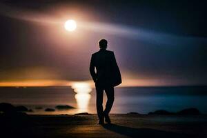 een Mens in een pak staat Aan de strand Bij nacht. ai-gegenereerd foto