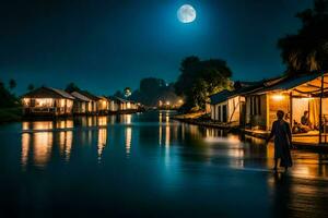 een Mens wandelen langs een kanaal Bij nacht met een vol maan. ai-gegenereerd foto