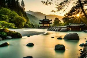 de zon sets over- een rivier- in een Chinese tempel. ai-gegenereerd foto