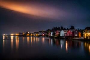 een rij van huizen Aan de water Bij nacht. ai-gegenereerd foto