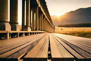 een houten brug met pijlers en een zonsondergang in de achtergrond. ai-gegenereerd foto