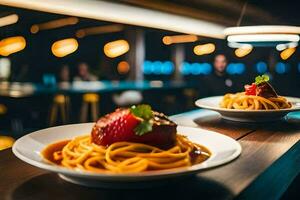 twee borden van spaghetti met vlees en aardbeien. ai-gegenereerd foto