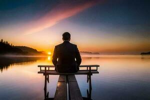 een Mens zittend Aan een bank Bij zonsondergang. ai-gegenereerd foto