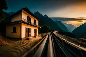 een huis zit Aan de kant van een berg met een trein spoor. ai-gegenereerd foto
