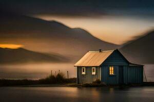 een klein blauw huis zit Aan de kust van een meer Bij zonsondergang. ai-gegenereerd foto