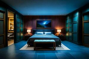 een slaapkamer met blauw muren en een bed. ai-gegenereerd foto