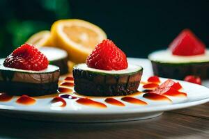 klein chocola desserts met aardbeien Aan een wit bord. ai-gegenereerd foto