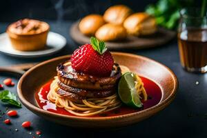 een bord met spaghetti en aardbeien Aan het. ai-gegenereerd foto