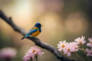 een blauw en geel vogel zit Aan een Afdeling. ai-gegenereerd foto