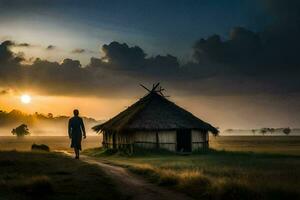 de Mens is wandelen naar een hut in de midden- van een veld. ai-gegenereerd foto