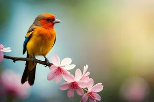 een kleurrijk vogel zit Aan een Afdeling met roze bloemen. ai-gegenereerd foto