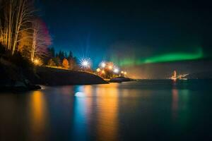 de Aurora borealis lichten omhoog de lucht over- de water. ai-gegenereerd foto