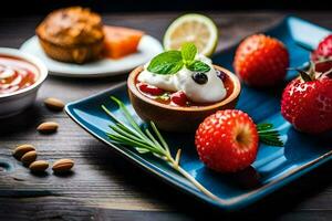 een bord met aardbeien, yoghurt en een kop van koffie. ai-gegenereerd foto