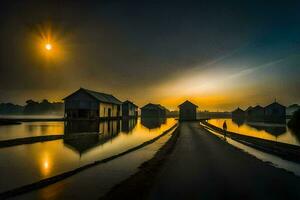 een zonsopkomst over- een overstroomd weg met huizen. ai-gegenereerd foto