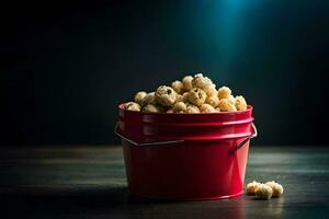 een emmer gevulde met popcorn Aan een tafel. ai-gegenereerd foto