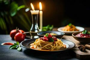 spaghetti met tomaat saus en basilicum bladeren Aan een bord. ai-gegenereerd foto