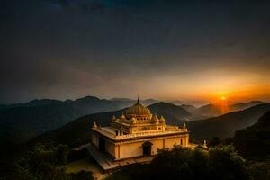 de zon sets over- een tempel in de bergen. ai-gegenereerd foto