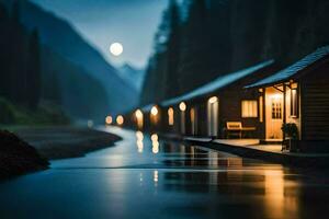 een klein cabine zit Aan de kant van een rivier- Bij nacht. ai-gegenereerd foto