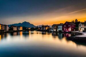 een mooi zonsondergang over- een meer met huizen en bergen. ai-gegenereerd foto