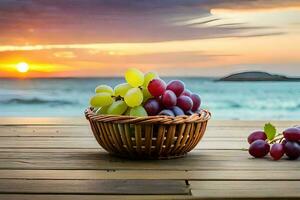 druiven, mand, de zee, zonsondergang, fruit, hd behang. ai-gegenereerd foto
