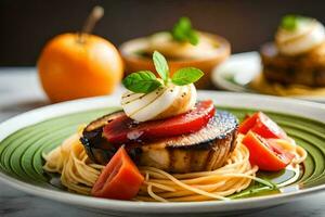 een bord van voedsel met pasta en tomaten. ai-gegenereerd foto