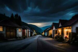 foto behang de lucht, nacht, de dorp, de bergen, de weg, de huizen,. ai-gegenereerd