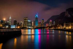 de stad lichten zijn weerspiegeld in de water. ai-gegenereerd foto