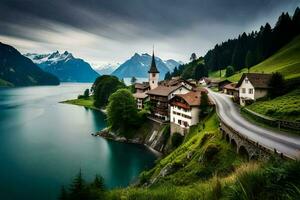 een mooi meer en berg dorp in de Zwitsers Alpen. ai-gegenereerd foto