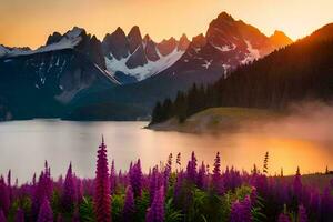 de zon stijgt over- de bergen en de Purper bloemen bloeien in voorkant van de meer. ai-gegenereerd foto