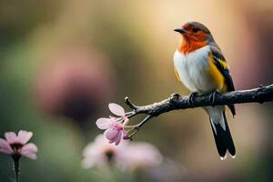 een klein vogel is zittend Aan een Afdeling met bloemen. ai-gegenereerd foto